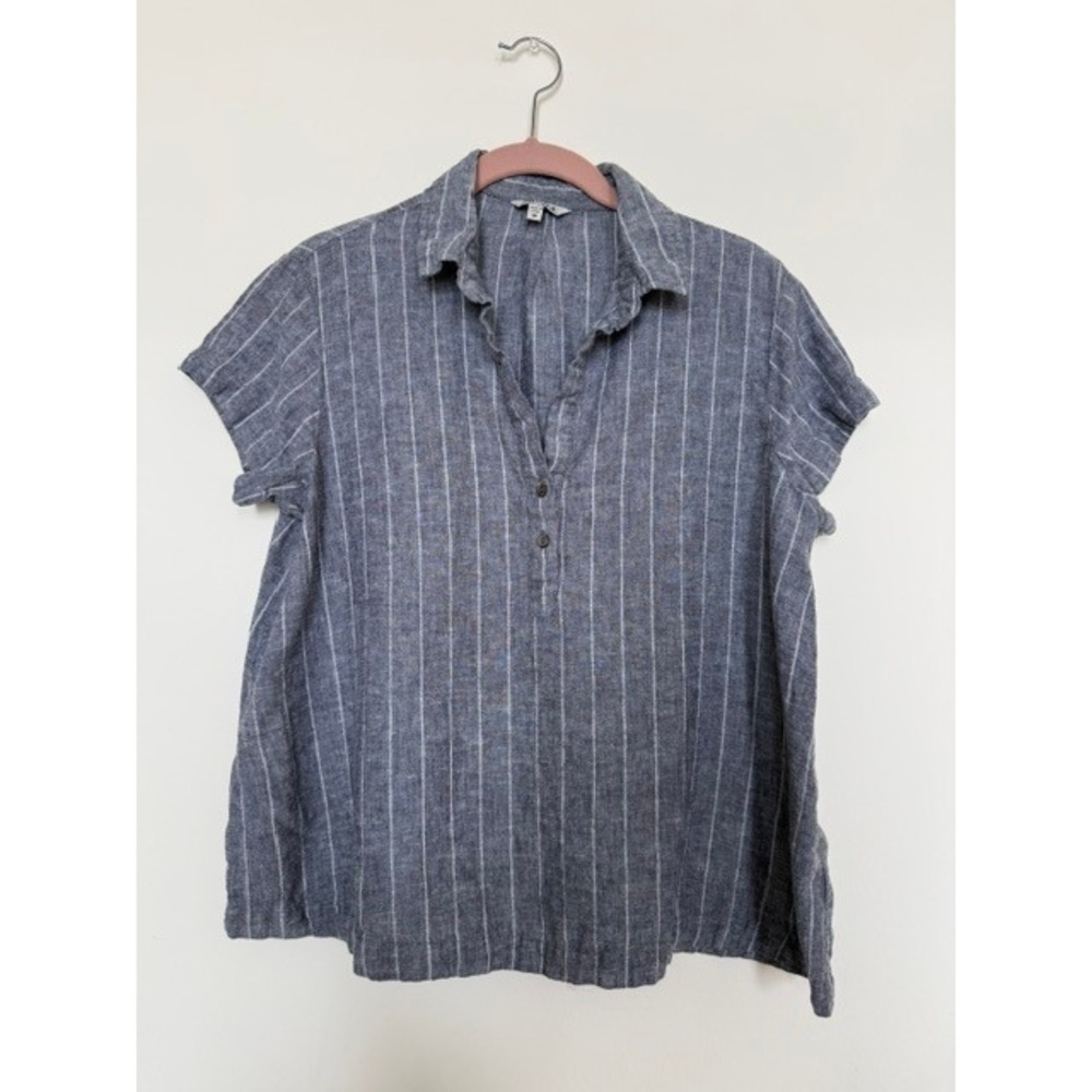 NIC+ZOE Navy & White Striped Linen Blend Blouse Top | Organic Linen | Size M